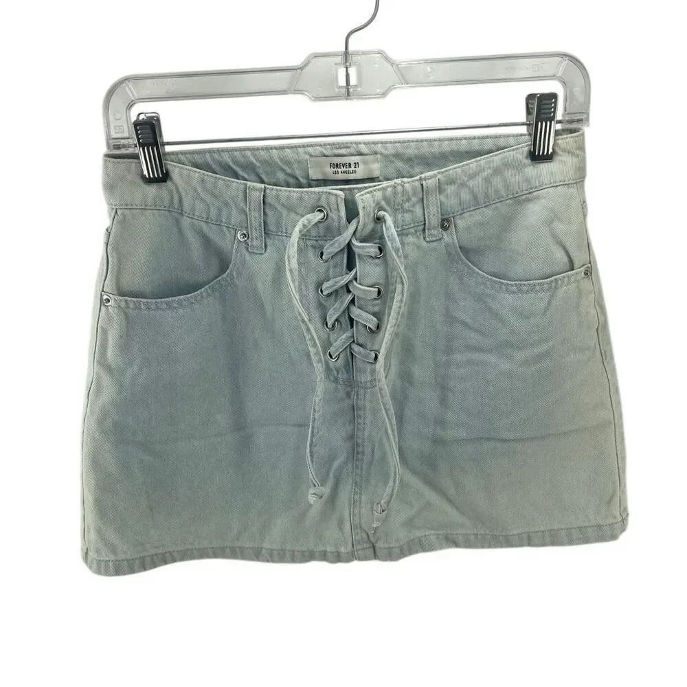 Forever 21 Women's Lace Up Cotton Denim Mini Skirt Light Wash Blue Size 27